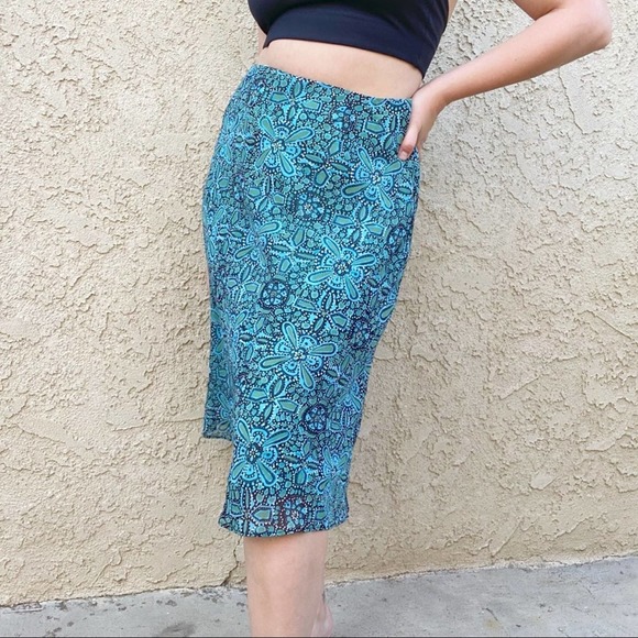 East 5th Dresses & Skirts - East 5th teal boho kaleidoscope floral print high waist midi slip skirt Sz 8